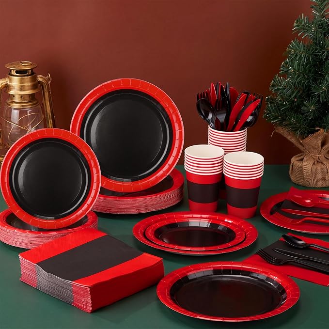 400 Pcs Red and Black Party Supplies for 50 Guests, Red and Black Paper Plates Cups Napkins Cutlery Disposable Tableware Set for Birthday Graduation Wedding Party Decoration