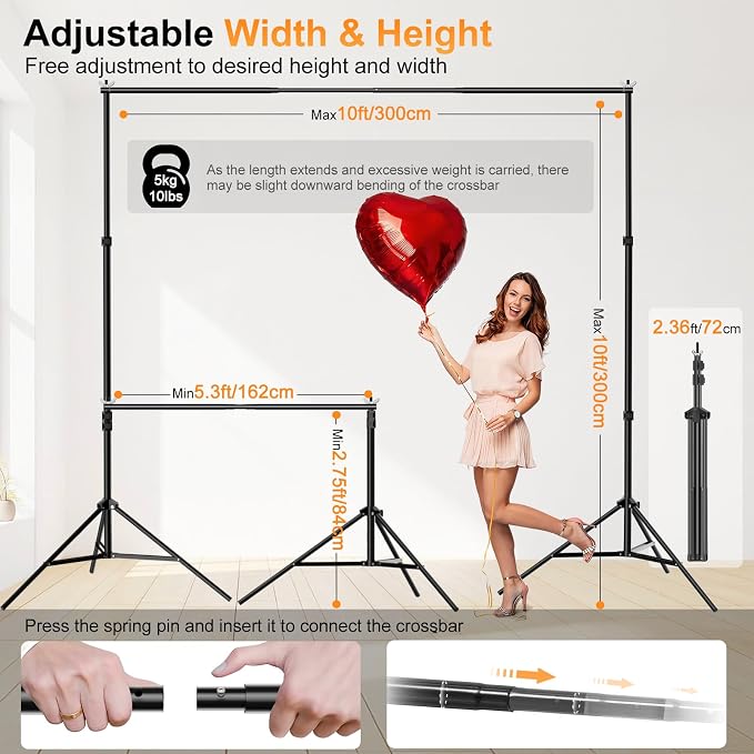 Backdrop Stand, Photo Video Studio 10 x 10FT Adjustable Backdrop Stand, Background Support System Kit with 2 Crossbars, 6 Clamps, 2 Sandbags and Carry Bag for Photography Parties Wedding
