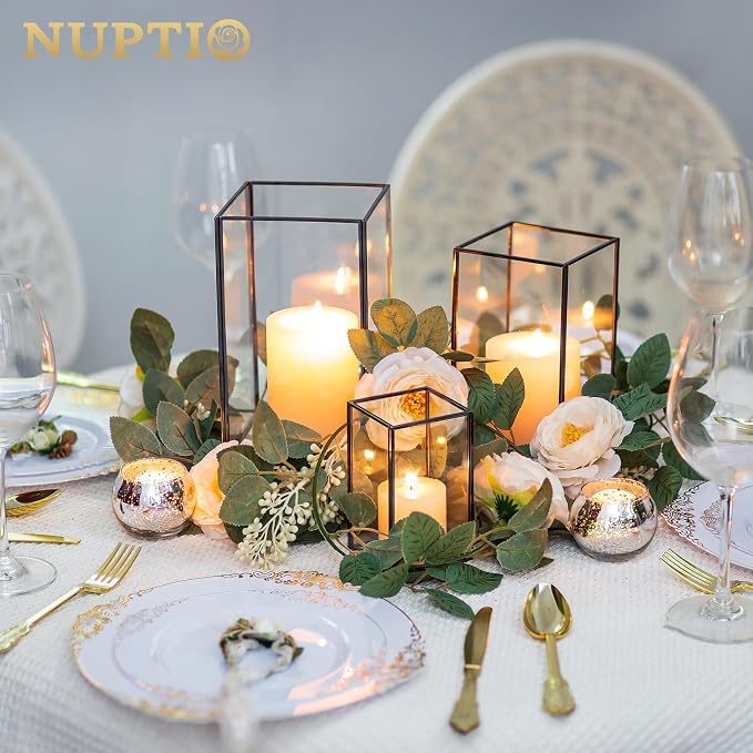 NUPTIO Hurricane Glass Candle Holders: 6 Pcs Clear Lantern Pillar Candles Holder with Black Metal Frame Modern Candle Lanterns Centerpiece for Wedding Ceremony Holiday Decoration 8.1 & 6.5 & 4.7 inch
