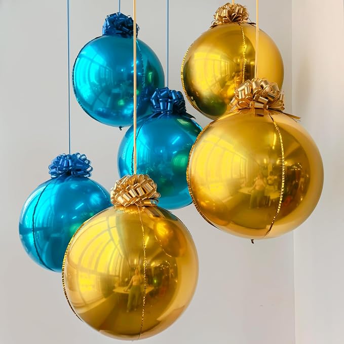 6 Pack Royal Blue and Gold 4D Orb Balloons - 22 Inch Large Metallic Sphere Mylar Balloons with Pull Bows, Hanging Ceiling Decorations for 2026 Graduation, Father's Day, Men's Birthday Party