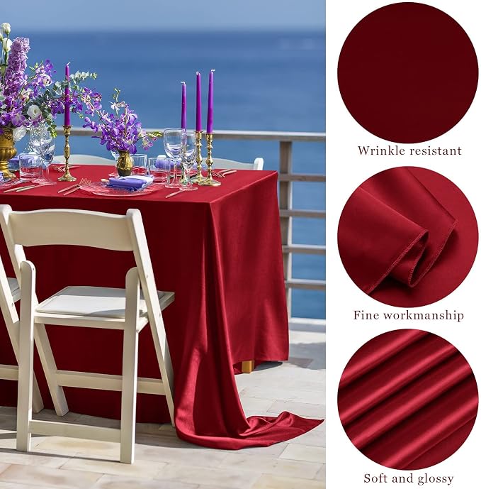 TURSTIN 4 Packs Satin Tablecloth 102 x 58 Inch Overlay Satin Table Cover Rectangle Bright Silk Tablecloth Smooth Fabric Table Decoration for Wedding Banquet Party Events, Burgundy