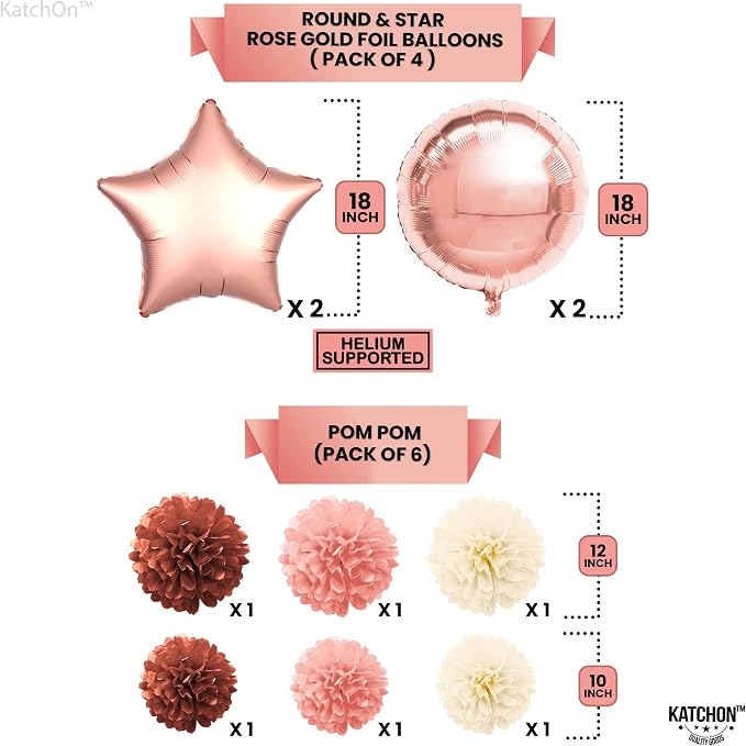 KatchOn, Rose Gold Birthday Decorations Set - Pack of 47 | Banner, Balloons, Pompoms, Headband, Sash & Fringe Curtains | Birthday Decorations for Women Girls | Girls Birthday Party Decorations