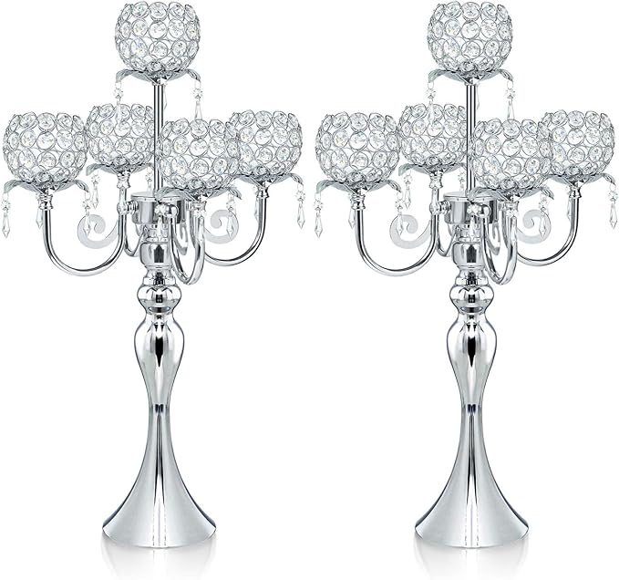 5 Arm Crystal Strap Pendant Silver Table Decor Candelabra Set of 2, 22.5 inches Elegant Dining Room Centerpieces for Holiday Parties Weddings