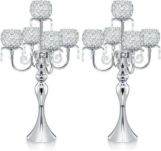5 Arm Crystal Strap Pendant Silver Table Decor Candelabra Set of 2, 22.5 inches Elegant Dining Room Centerpieces for Holiday Parties Weddings