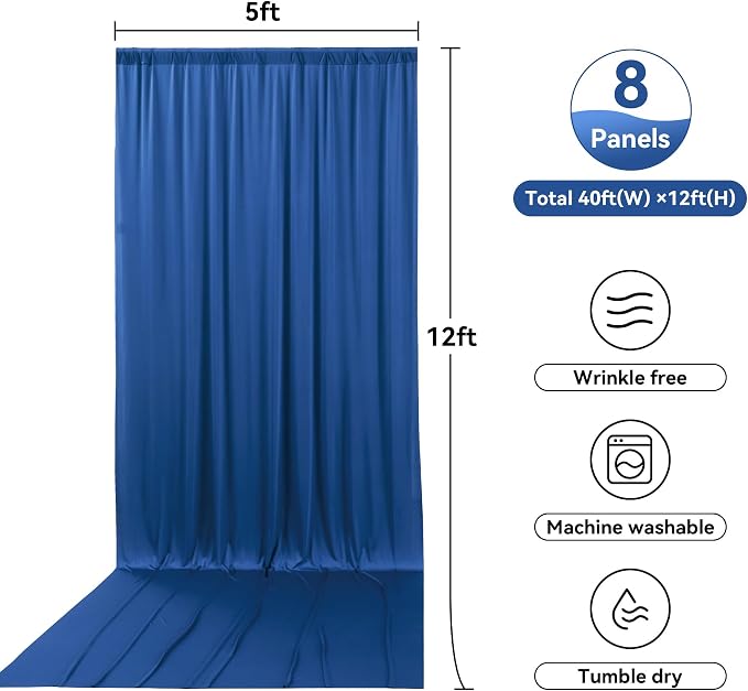 8 Panels 5x12ft Royal Blue Backdrop Curtains for Parties, Wrinkle Free Polyester Blue Photo Backdrop Drapes 12 ft Long Back Drop Cloth for Wedding Birthday Photography Background Party