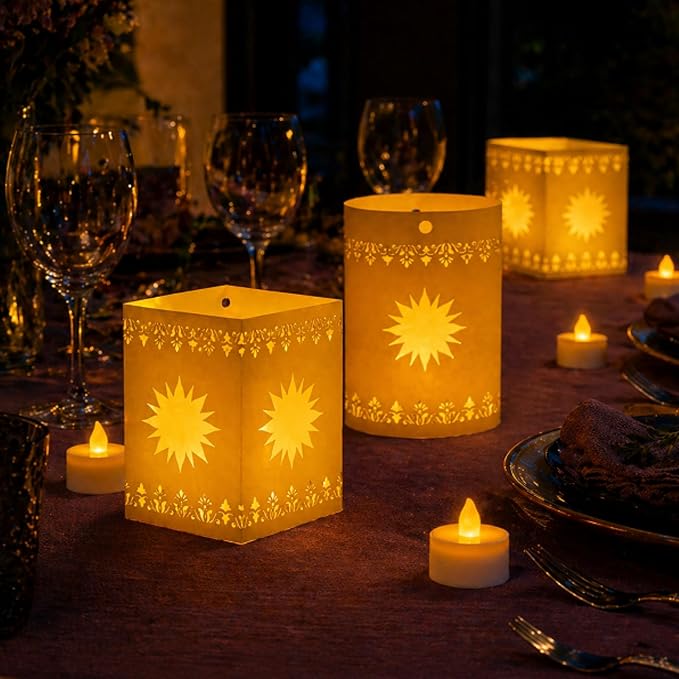 20 Set Paper Lanterns with LED Candles for Table Centerpieces, Sun Shaped Thickened Paper Cutout Lantern for Princess Girls Birthday Party Wedding Festival Decorations (Yellow)