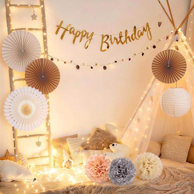 EASY JOY Champagne Beige Paper Flowers Tissue Pom Poms Boho Birthday Decorations Paper Lanterns Party Decorations Happy Birthday Banner White Paper Fans for Boho Fall Rustic Neutral Baby Shower