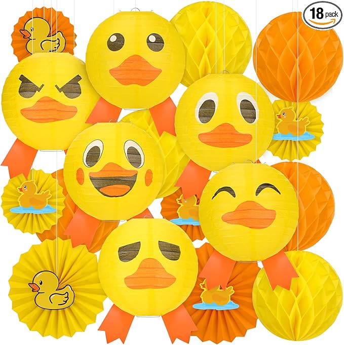Retisee 18 Pcs Rubber Duck Party Decoration Yellow Duck Hanging Paper Lantern Honeycomb Fans Honeycomb Ball for Themed Birthday Party Ceiling Decor Supplies