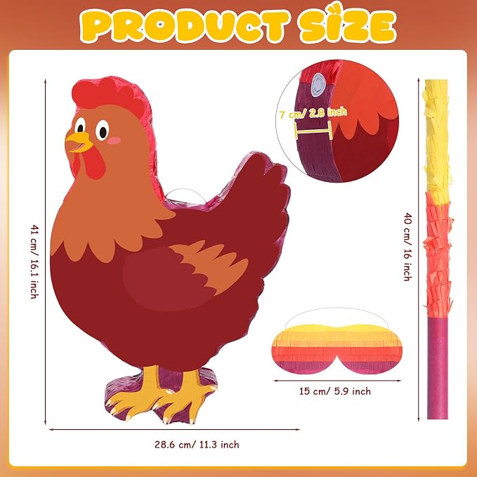 VioraWhite Chicken Birthday Decoration Chicken Piñata Farm Animal Piñata with Blindfold and Bat for Chick Birthday Party Baby Shower Party Decor Supplies Favors