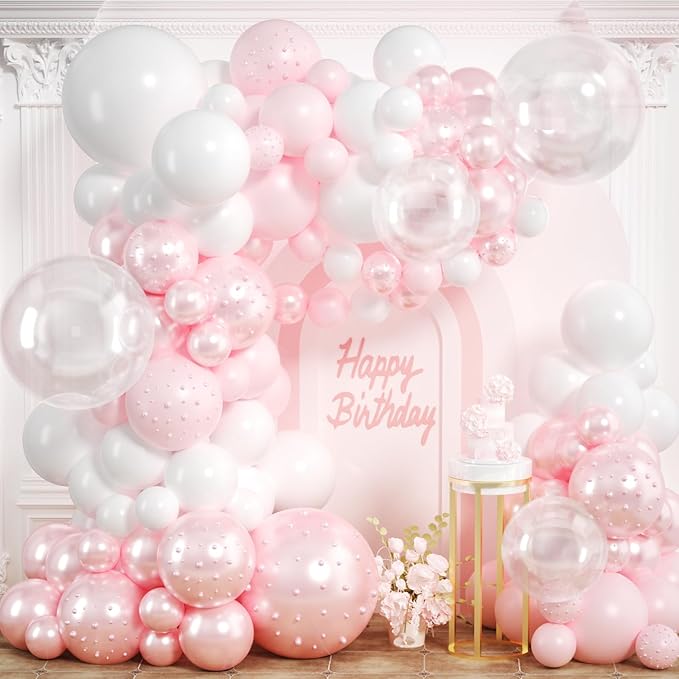 Pink Balloon Arch Kit 177Pcs Pink and White Balloon Arch Kit with Clear Double Stuffed Pearl Pink Balloons Pearl Stickers for Wedding Birthday Bridal Shower Engagement Baby Shower Party Decorations