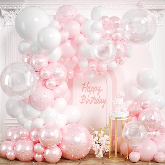 Pink Balloon Arch Kit 177Pcs Pink and White Balloon Arch Kit with Clear Double Stuffed Pearl Pink Balloons Pearl Stickers for Wedding Birthday Bridal Shower Engagement Baby Shower Party Decorations