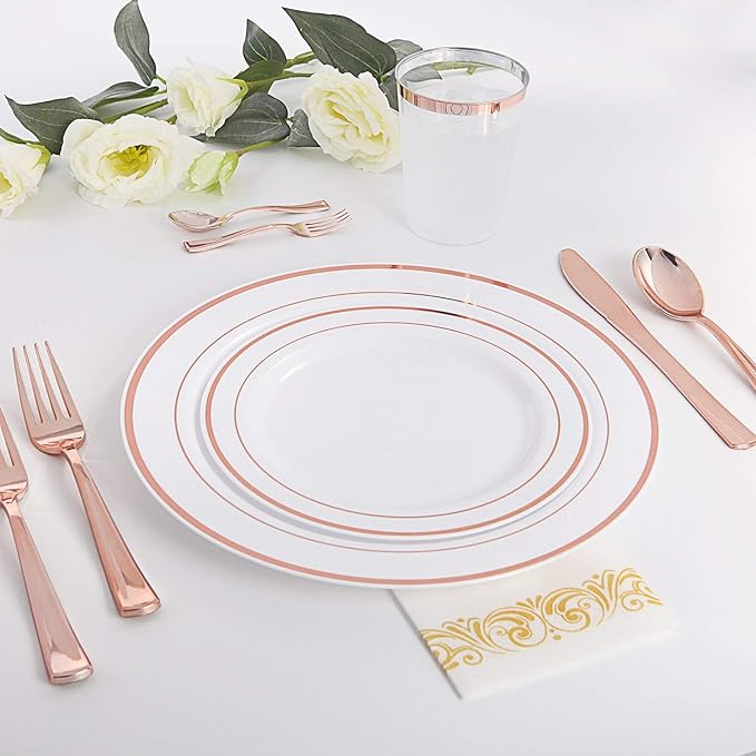 WDF 300 Pieces Rose Gold Plastic Silverware- Disposable Flatware Set - Heavy Duty Plastic Cutlery Includes 100 Forks, 100 Spoons, 100 Knives Perfect for Wedding/Party/Birthday/Mother's Day
