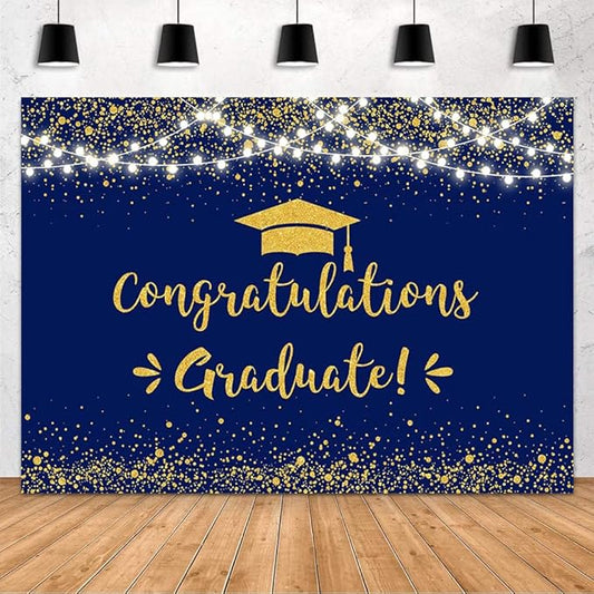 MEHOFOND 7x5ft Congratulation Graduate Backdrop Class of 2026 Graduation Party Decorations Background Blue Gold Congrats Grad Decor Banner Photography Background Studio Photo Booth Props