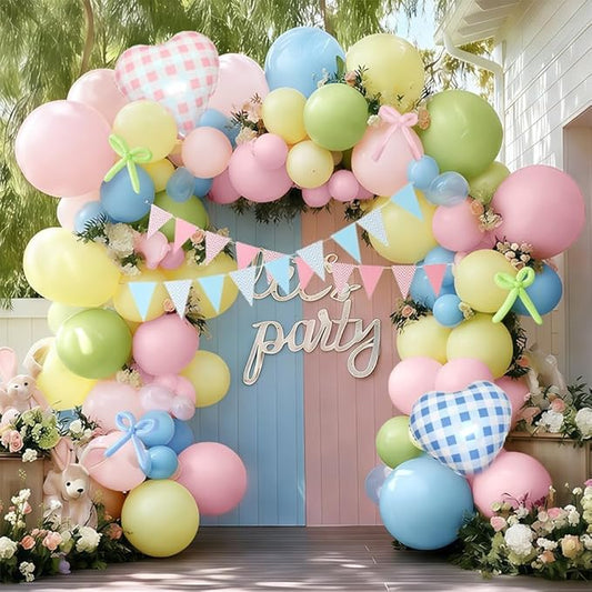 Pastel Balloon Arch Kit Double Stuffed Light Pink Blue Yellow Green Balloon Garland Gingham Heart Foil Balloons for Birthday Baby Shower Gender Reveal Wildflower Tea Party Decorations