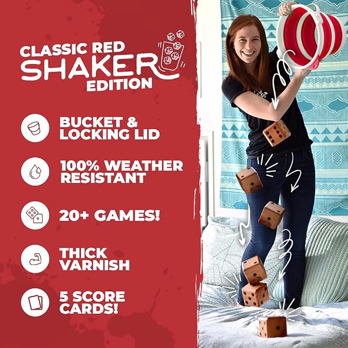 SWOOC Games - Yardzee, Farkle & 20+ Games - Classic Red Shaker Edition (All Weather) - Yard Dice Game Set with Red Collapsible Bucket, Lid, 5 Big Laminated Score Cards & Marker - Outdoor Yard Game