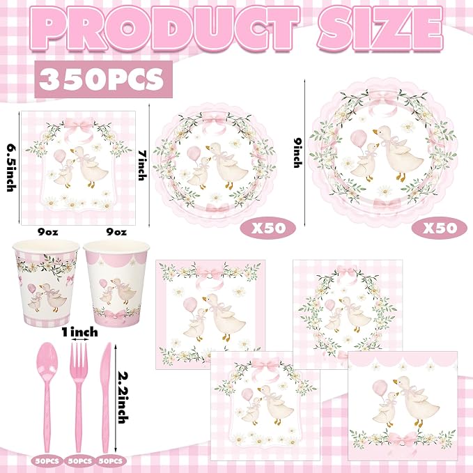 Zhehao 350 Pcs One Silly Goose Birthday Party Tableware Set Scalloped Pink Floral Baby Shower Plates Cup Napkins Forks for Birthday Party Decorations Supplies for 50 Guests