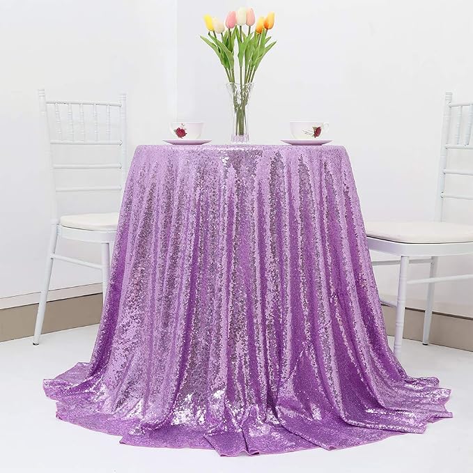 B-COOL Sequin Tablecloth Round Party Decorations: 90 Inch Tablecloths Lavender Overlay Shimmer Fabric for Indoor Outdoor Gathering Parties