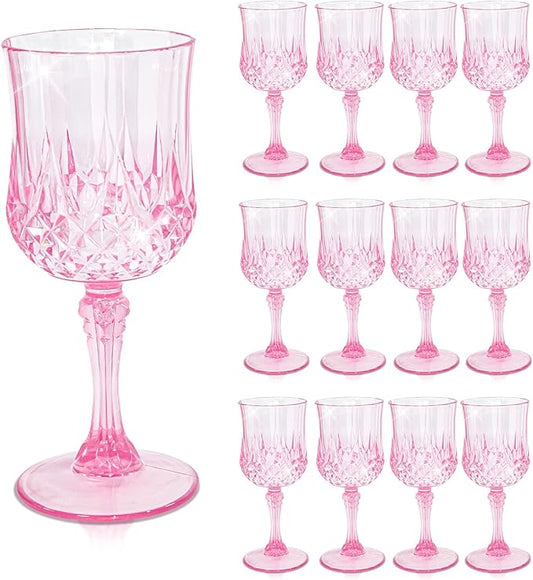 CHLJAR 7oz Plastic Vintage Drinking Glasses Wine Glasses Vintage Champagne Flutes Unbreakable Wedding Glassware Crystal Water Goblets Reusable Drinkware (Pink, 12 PCS)