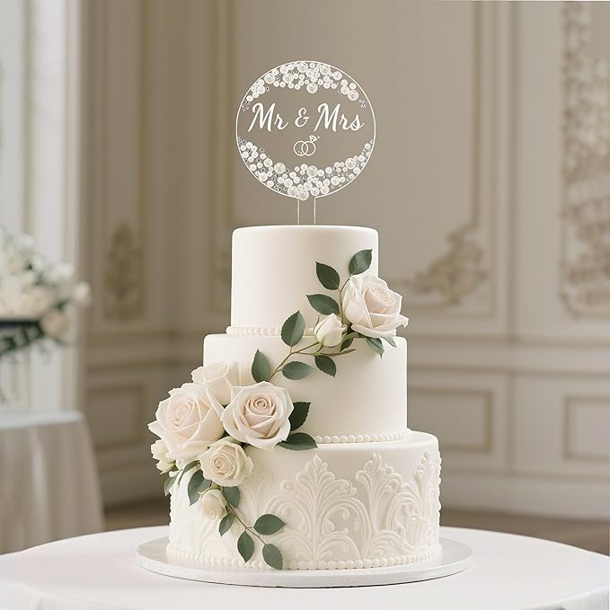 Coucoland Mr and Mrs Cake Topper - Acrylic Wedding Cake Decor with Pearls and Rhinestones for Engagement Bridal Anniversary