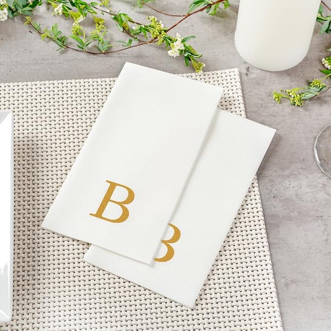 Luxenap 15.8 X 7.9 Inch Linen-Feel Guest Towels, 50 Lettered Hand Towels - Gold Letter 'B', Sans Serif Font, White Paper Dinner Napkins, airlaid, For Restrooms And Tables - Restaurantware