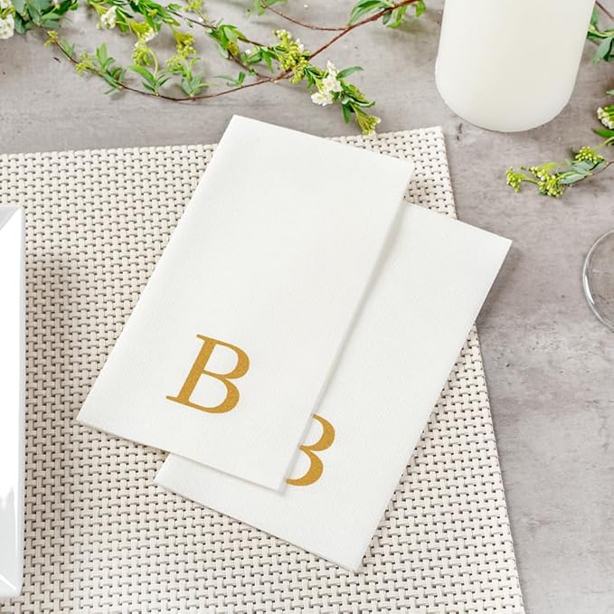 Luxenap 15.8 X 7.9 Inch Linen-Feel Guest Towels, 2000 Lettered Hand Towels - Gold Letter 'B', Sans Serif Font, White Paper Dinner Napkins, airlaid, For Restrooms And Tables - Restaurantware