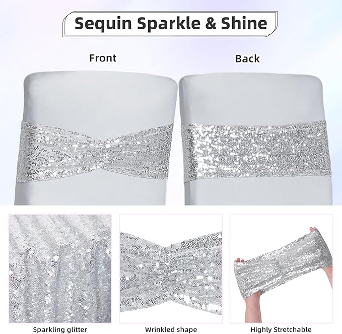 Poise3EHome Silver Sequin Chair Sashes, Double Sided Glitter Folding Chair Covers Bow for Baby Shower Party Wedding Banquet Reception Decorations, 20 PCS