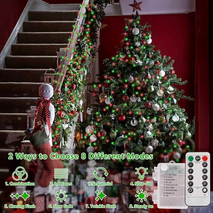 YEGUO Battery Operated String Lights, 2 Pack Each 33ft 100 LED Twinkle Fairy Lights Outdoor Waterproof, 8 Modes Clear Wire Red and Green Christmas Lights Indoor with Remote