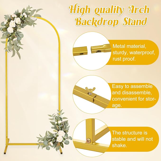 Metal Arch Stand and Cover Set,1 Black Spandex Fitted Backdrop with 1 Gold Wedding Arched Stand Frame for Parties Birthday Baby Shower Bridal Banquet Decoration (7.2FT)