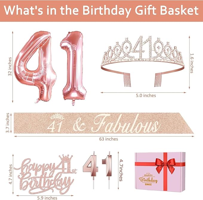 41st Birthday Decorations for Women, Include 41st Birthday Sash and Tiara, Cake Topper and Candles, Number Balloons, 41 Year Old Gifts for Women