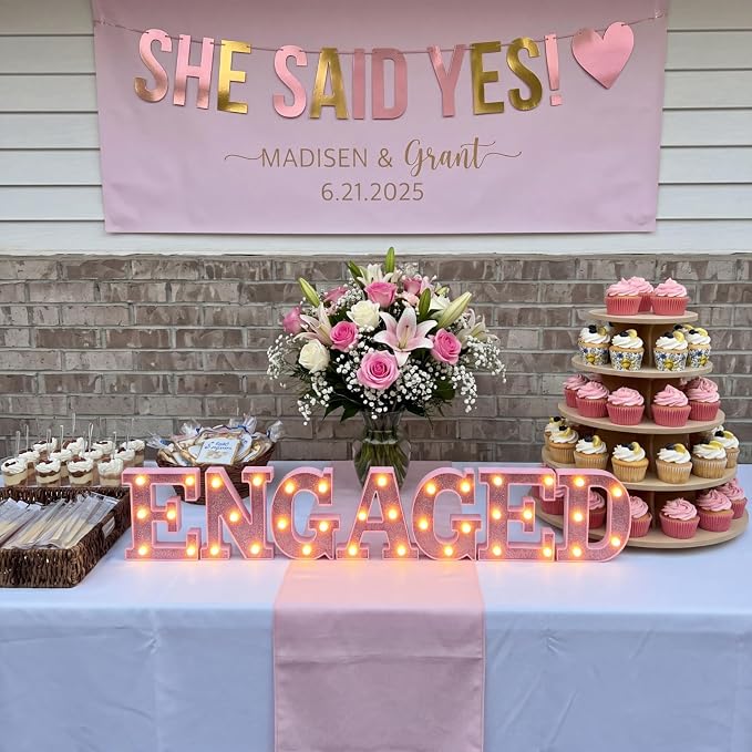 Honoson 7 Pcs 6.5 Inch Engagement Party Decorations Pink Warm Engaged LED Letter Lights Sign Lights Table Decoration for Wedding Engagement Bridal Shower Engaged Party Decor