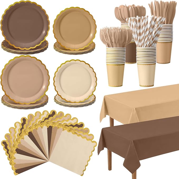 Vesici 452 Pcs Brown Party Supplies Set Gold Rim Disposable Tableware with 9'' 7'' Paper Plates Napkins Tablecloths 9oz Cups Cutlery Straws Neutral Party Decorations for Birthday Wedding Baby Shower