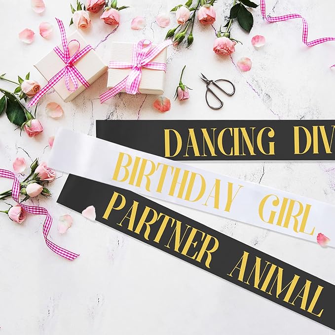 12Pcs Birthday Sashes Set - White Birthday Girl Sash + 11pcs Black Party Sashes for Women, Party Favors & Decor Accessories