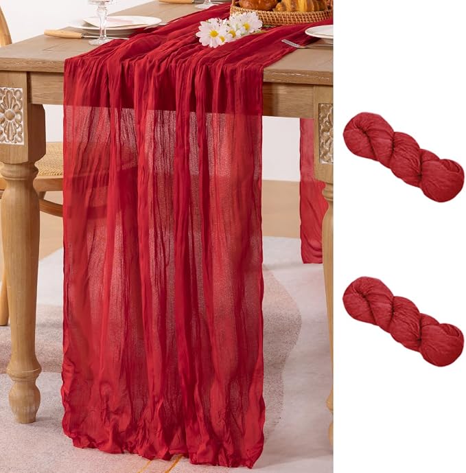 MLMC 2 Pack Red Table Runner 10ft Boho Gauze Cheesecloth Table Runner Rustic Cheese Cloth Decor 35x120 Inches for Wedding Reception Annniversary Home Decor