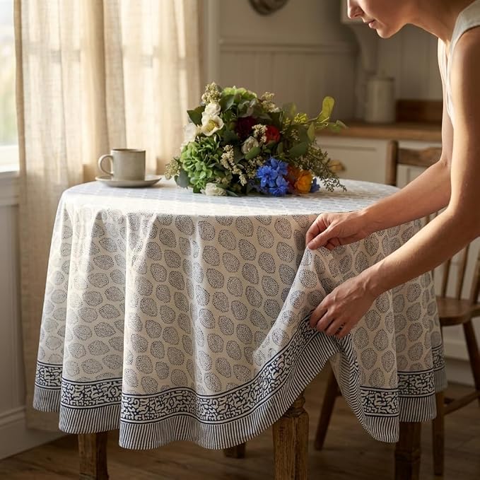 ATOSII Amalfi 100% Cotton Round Tablecloth, Handblock Print Floral Table Cloth for Kitchen Dining Linen I Parties, Weddings, Outdoors, Spring Summer I 72" Inches Round