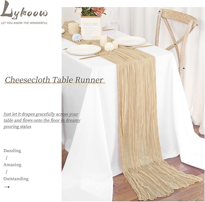 24 Packs Cheesecloth Table Runner Beige,10 Ft Rustic Gauze Boho Wedding Table Runner Decoration, Wedding Table Decor Table Cloth for Wedding Party Bridal Shower Table,21.5x120in