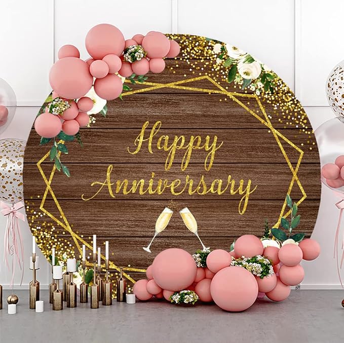 Leyiyi 7.5x7.5ft Happy Anniversary Round Backdrop Cover White Floral Love Cheers to Wedding Anniversary Party Decorations Vintage Wood Board Gold Glitter Bokeh Dots Wedding Anniversary Party Backdrop