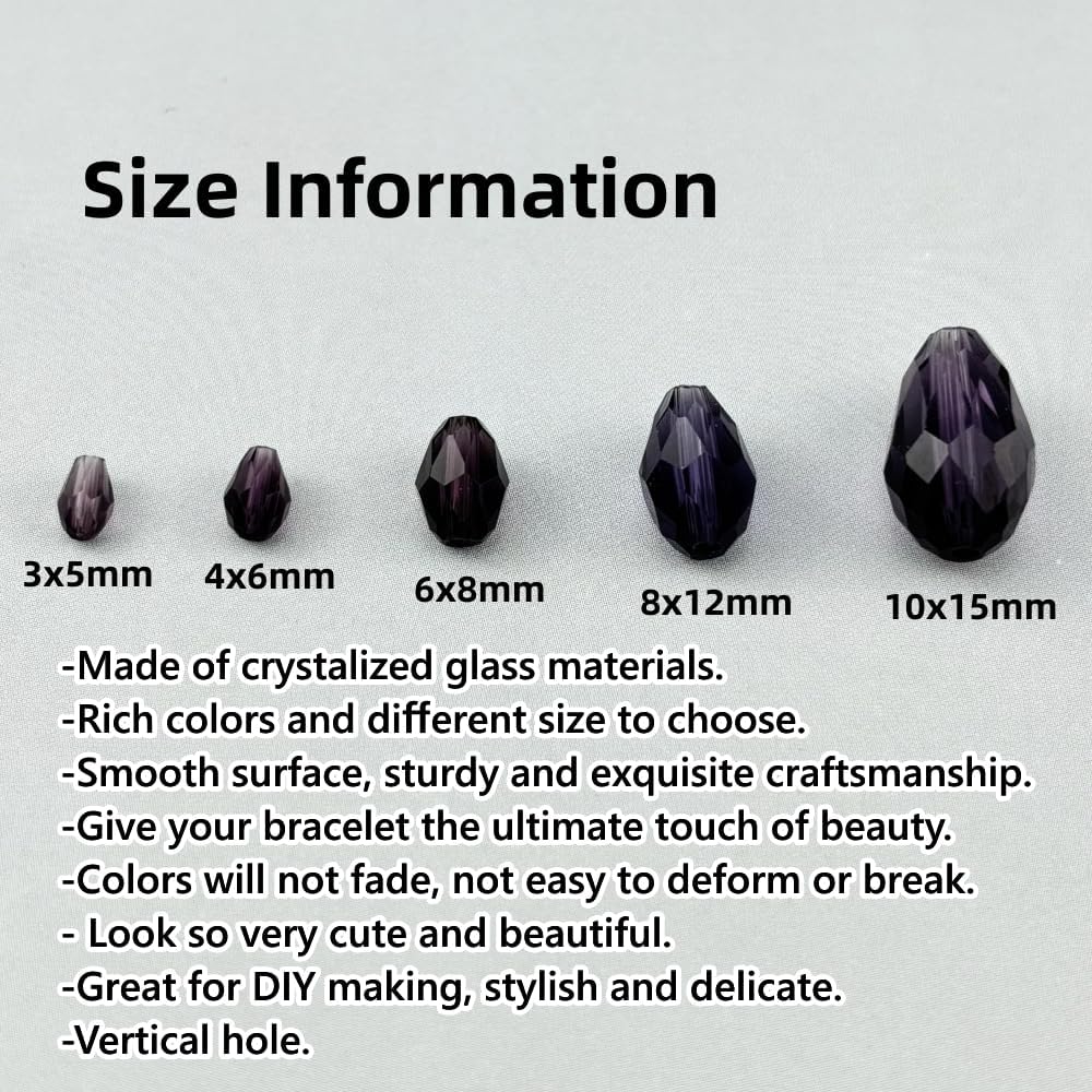 100pcs 8x12mm Teardrop Crystal Glass Beads for Jewelry Making, Faceted Vertical Hole Teardrop Glass Spacer Beads for Wind Chimes Bracelet Earring Necklace DIY Craft(Violet)