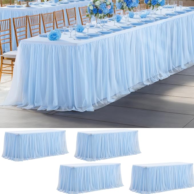 Baby Blue Tulle Tablecloth Table Skirt for 6 Foot Rectangle Tables with Ruffle Tutu Design for Wedding Reception Party Birthday, 4 Pack, 6ft Spandex Fitted Table Cover