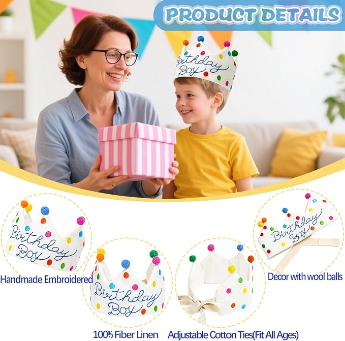 Personalized Hand Embroidered Birthday Hats Unique Happy Birthday Crowns Cute Party Hat for Boy Girl Fit All Ages