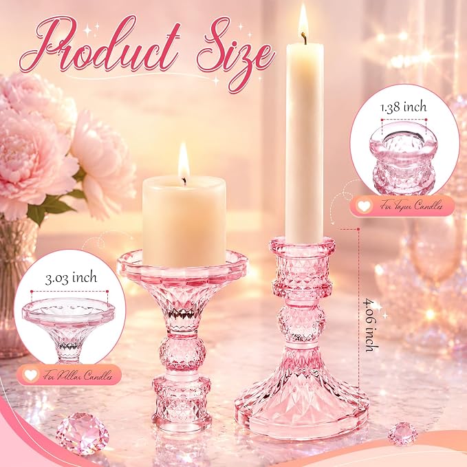 Sieral 24 Pcs Pink Taper Candle Holders 4'' Tall Candlestick Glass Holders Bulk Crystal Decorative Stand Wedding Stick Holder for Anniversary Party Dining Table Festival Decor