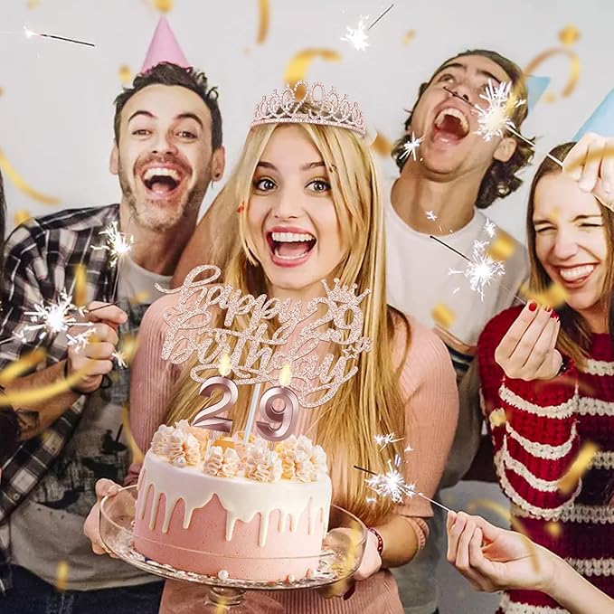 29th Birthday Decorations for Women, Including 29th Birthday Sash and Tiara, Cake Topper and Candles, Number Balloons, 29 Year Old Gifts for Women