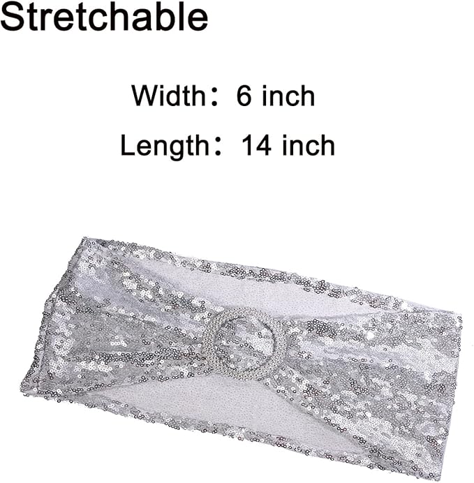 Sequin Silver Chair Sashes 50 Pack Glitter Silver Chair Bows Bands with Buckle for Wedding Birthday Party Bridal Shower Anniversary Engagement Christmas Events Decorations