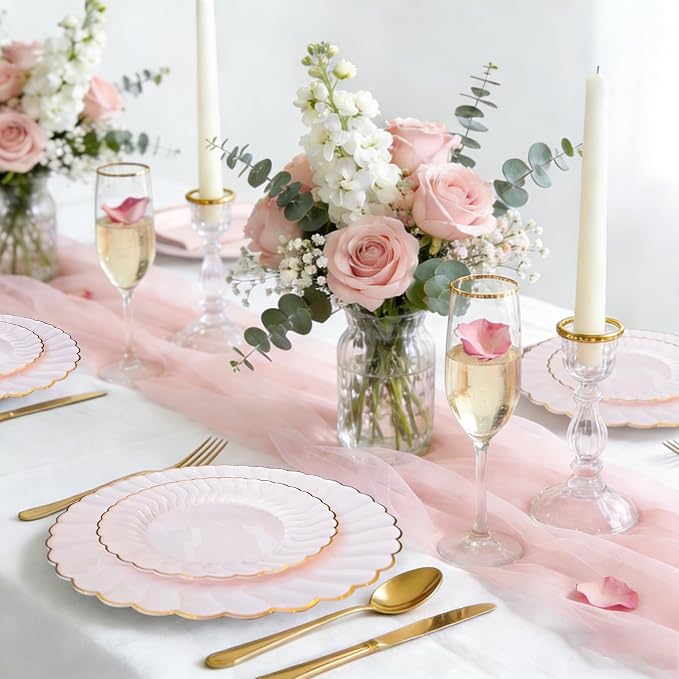 Pink Disposable Plastic Plates 125pcs Scalloped Gold Rim for 25 Guests | Includes 25 Dinner and Dessert Plates 75 Gold Cutlery Elegant Tableware for Wedding Birthday Baby Shower Valentine Parties