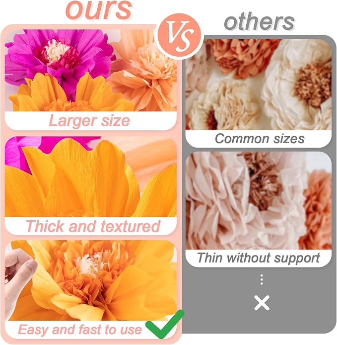SUNBEAUTY Large Paper Flowers Decorations 4PCS 20'' Pink Orange Giant Paper Flowers Large Crepe Tissue Flower Decorations for Girls Women Birthday Baby Shower Spring Summer Wedding Wall Decor
