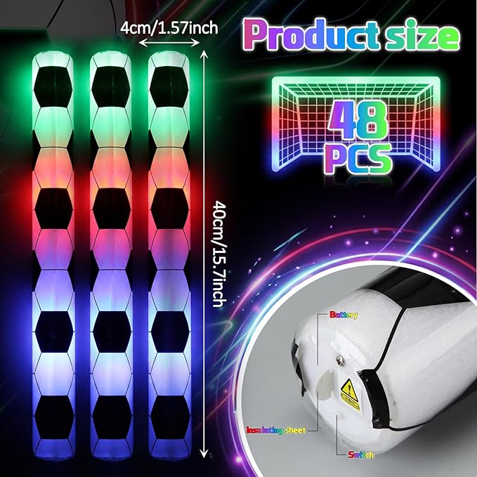JellyArch 48 Pcs Sports Party LED Foam Sticks Football Foam Light up Cheer Sticks Batons with 3 Flashing Modes for Sports Events Birthday Parties Football Match Celebrations