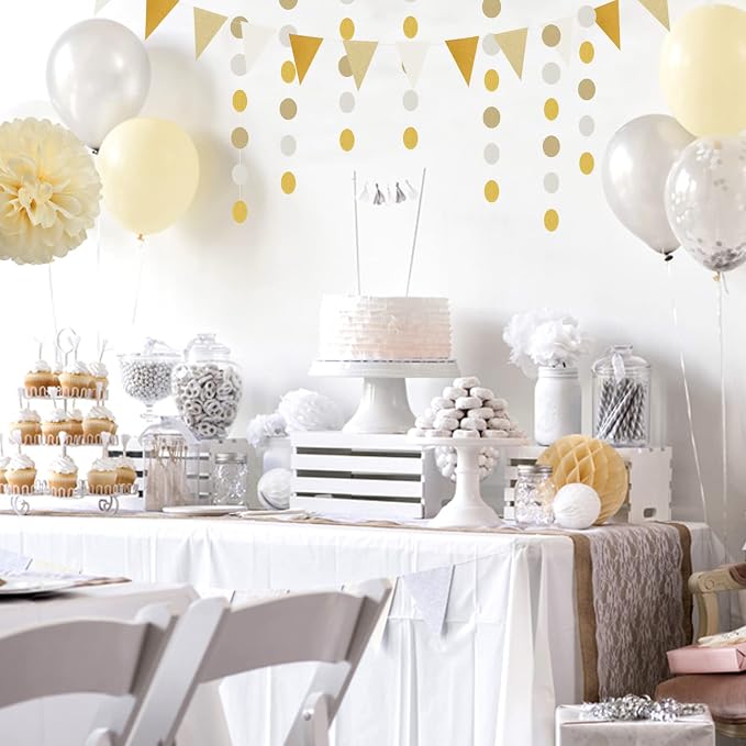 White Gold Champagne Party Decorations - 23pcs Tissue Pom Poms Streamers,Christmas Wedding Engagement Tassel Garland Banner,Bachelorette Neutral Birthday Baby Bridal Shower Decor Lasting Surprise