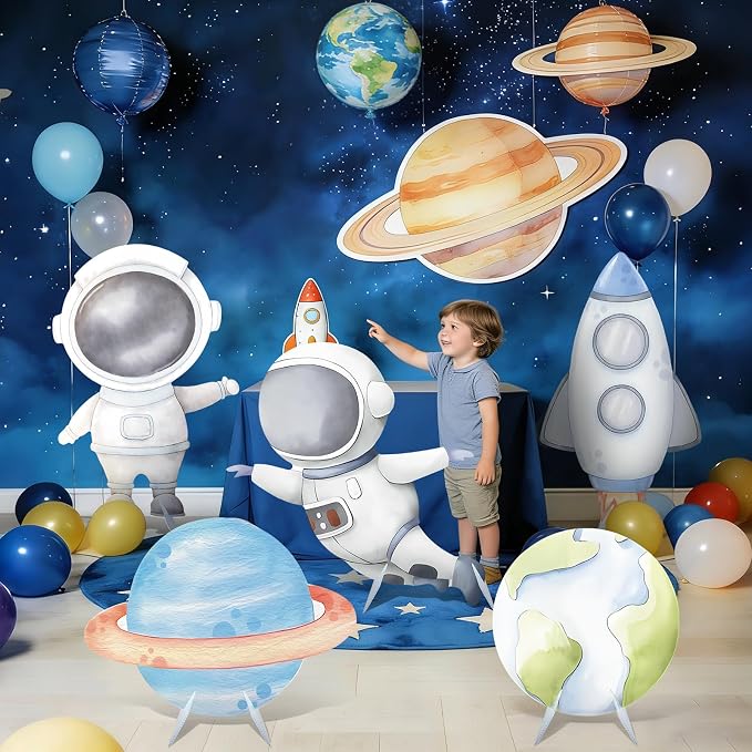 5 Pcs Outer Space Baby Shower Decorations, Astronaut Rocket Planet Earth Cardboard Cutouts Standups, Space Themed Photo Booth Props Signs for Kids Birthday Party Outdoor Yard Lawn Decor