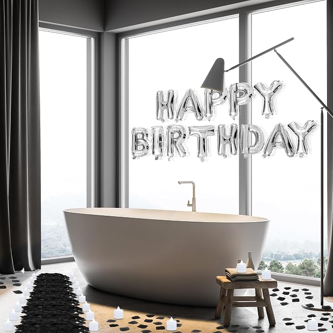 Black and Silver Happy Birthday Balloons Decorations Happy Birthday Letter Balloons Banner with 24pcs Flameless LED Candles and 2000pcs Artificial Rose Petals for Women Men Room Party Decor