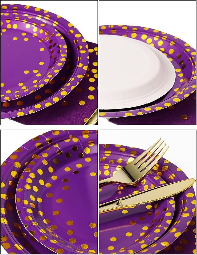 Nkaiso 141 Pieces Purple Gold Party Supplies, Disposable Party Decorations Sets Include Paper Plates Napkins Cups, Plastic Forks Knives Spoons, for Baby Shower Birthday Wedding -20 Guests