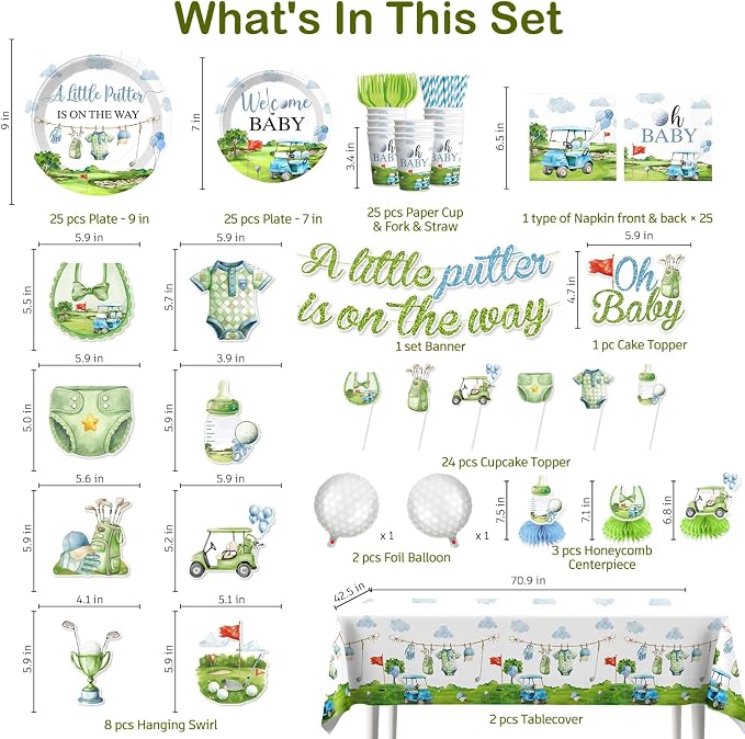 Golf Baby Shower Decorations for 25 Guests, 191PCS Blue and Green Baby Shower Decorations Boy All-in-one Set with Banner, Balloons, Plates, Cake Topper, Napkins, Tablecloths–Easy Assembly
